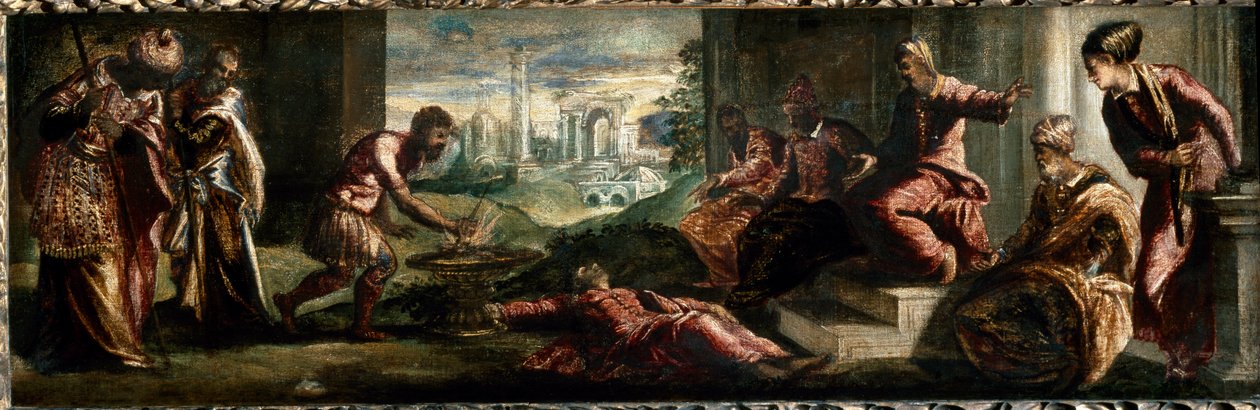 Caius Mucius Scaevola in front of Porsenna Caius Mucius Scaevola, plunges his hand into the fire. (Painting 作者 雅各布·罗布斯提·丁托列托