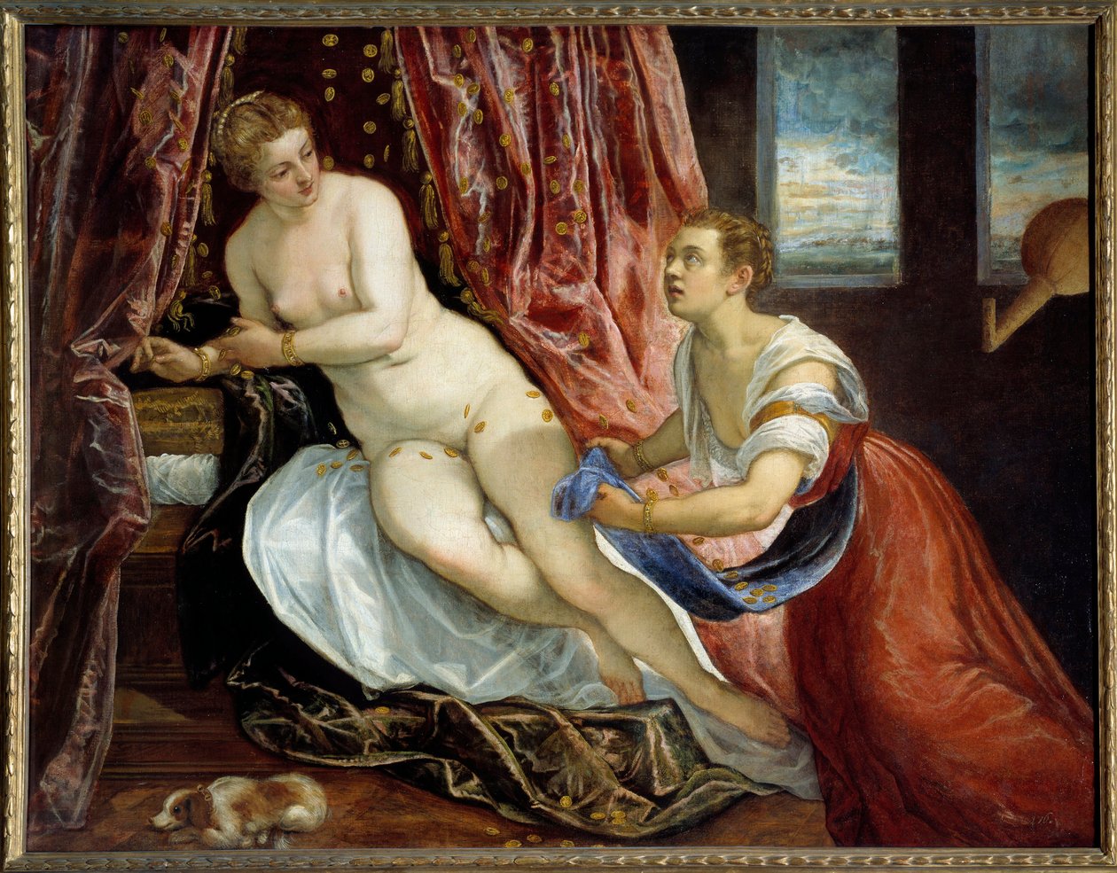 达娜厄宙斯，化身为金币勾引达娜厄。 Jacopo Robusti 的绘画 dit Le Tintoret (Tintoretto) (1518-1594) 太阳。 1,42x1,82 m 里昂，美术博物馆 作者 雅各布·罗布斯提·丁托列托