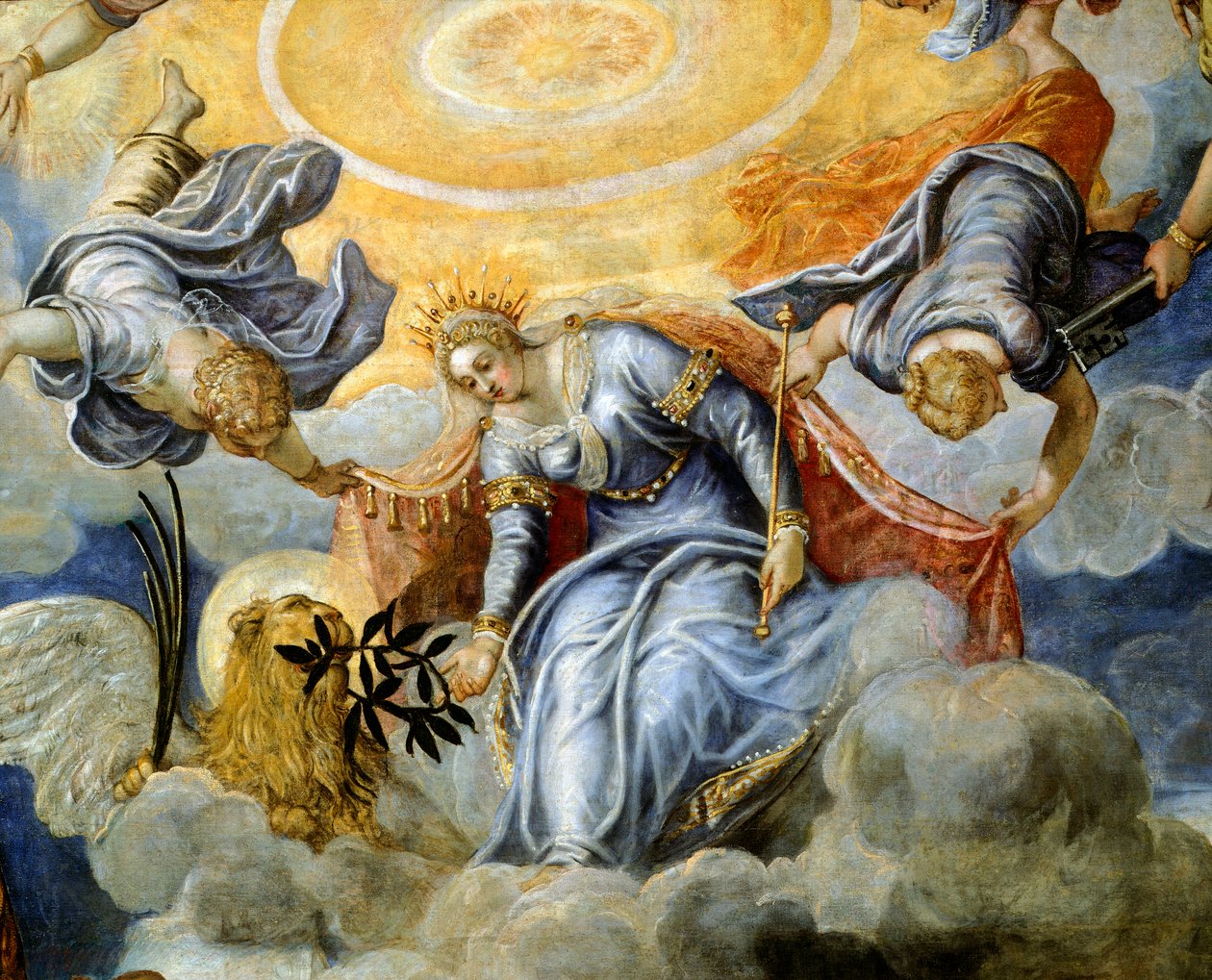 总督Niccolo da Ponte接受威尼斯的橄榄枝，由Jacopo Robusti（即丁托列托）创作（1518-1594），细节，Sala del Maggior Consiglio（大议会厅），威尼斯公爵府，。 作者 雅各布·罗布斯提·丁托列托