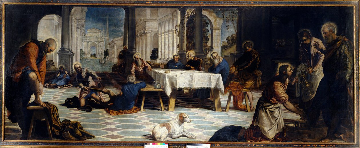 耶稣基督为门徒洗脚。 Jacopo Robusti detto Il Tintoretto 的绘画（The Tintoret 作者 雅各布·罗布斯提·丁托列托