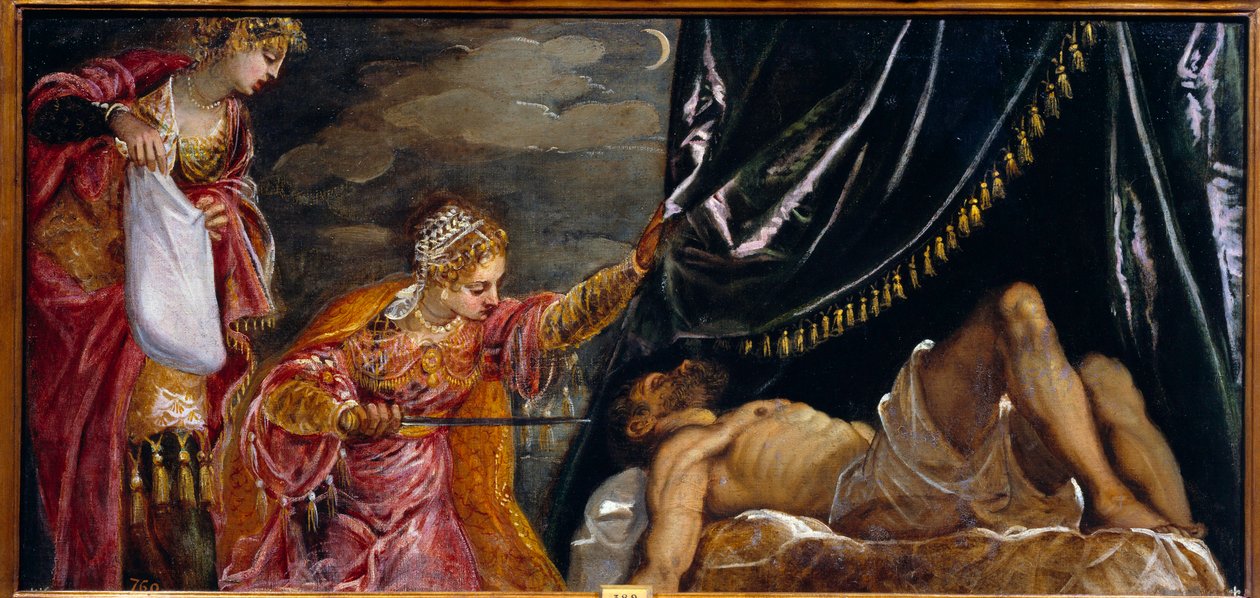 Jacopo Robusti 的 Judith 和 Holopherne 绘画称为 The Tintoret (Il Tintoretto) (1518-1594) 16 世纪的太阳。 0,58x1,19 m 马德里，普拉多博物馆 作者 雅各布·罗布斯提·丁托列托
