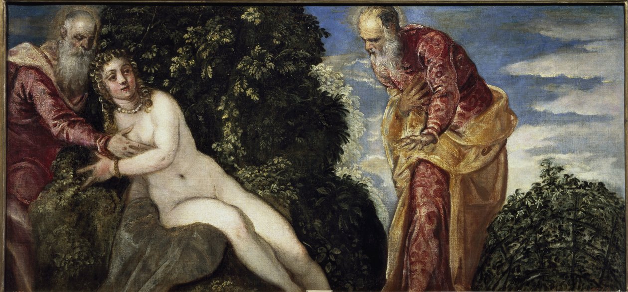 Suzanne and the Elders - 布面油画，约 1555 年 作者 雅各布·罗布斯提·丁托列托