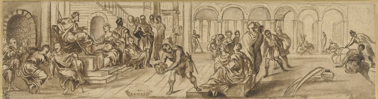 所罗门和示巴女王，c.1600（笔在纸上） 作者 丁托列托之后的雅各布·罗布斯提