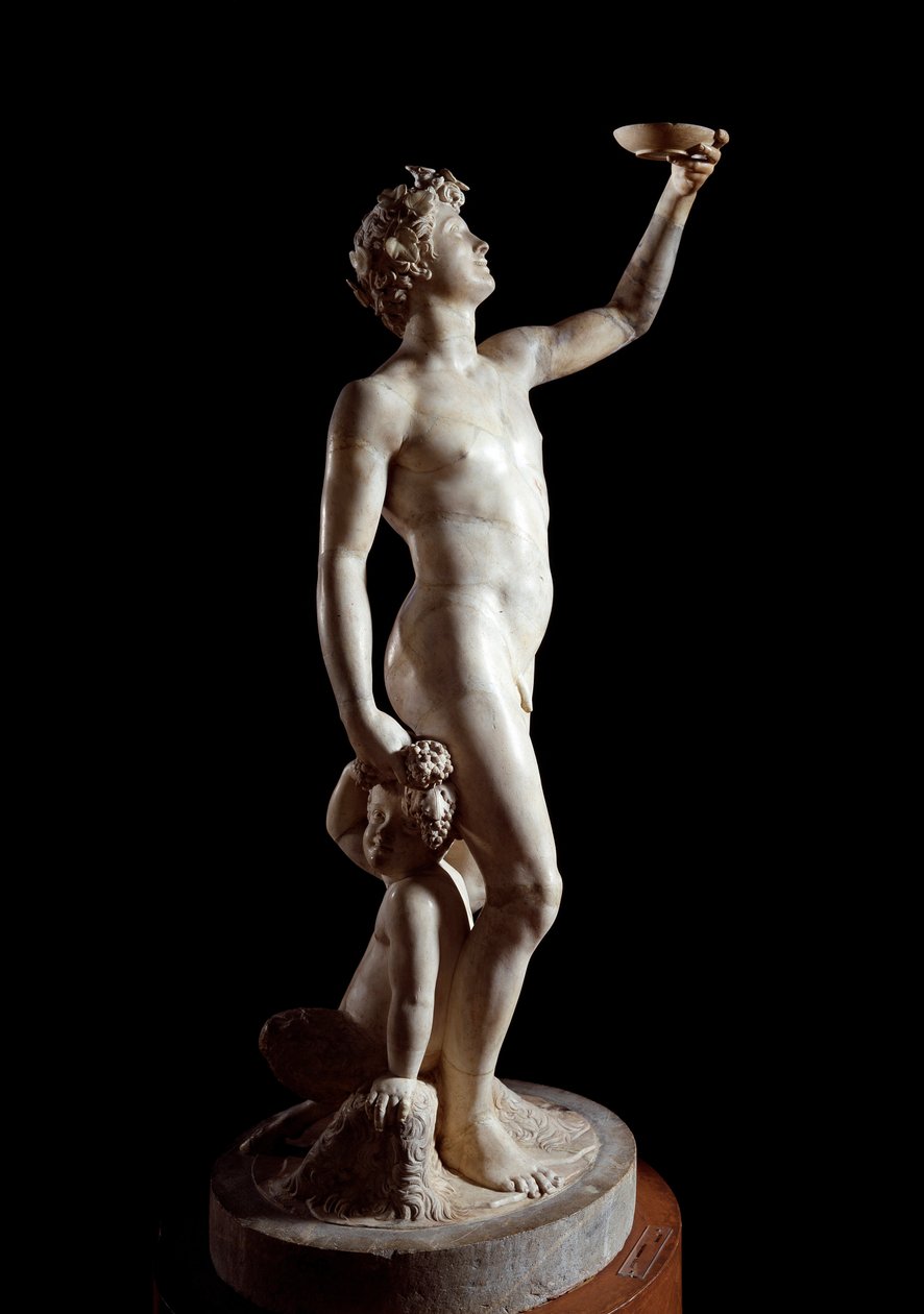 巴克斯（Bacchus）。 Jacopo Sansovino (Jacopo Tatti) (1486-1570) 的雕塑。 大理石。 1510 高度：146 厘米。 佛罗伦萨巴杰罗宫 作者 哈科波·桑索维诺（Jacopo Sansovino）