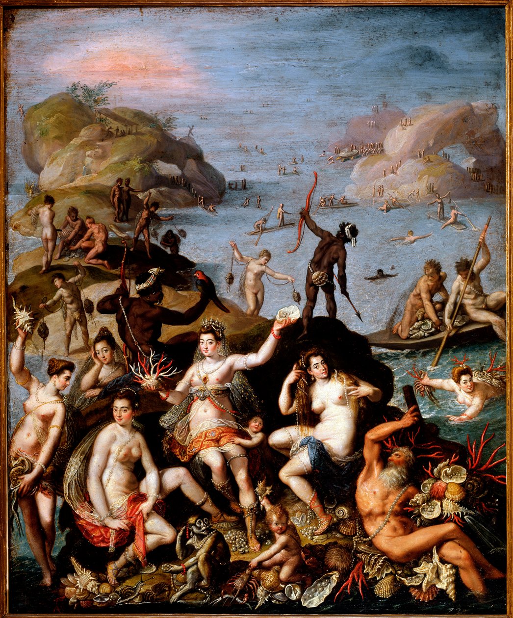 Coral fishing Allegorical representation of the discovery of the New World. Aquatic and Indian nymphs with the riches of the sea, coral, pearl shells. Painting by Jacopo Zucchi (1551-1589) 1585 approx. Dim. 55 x 45 cm Rome, galleria Borghese 作者 雅各布·祖基