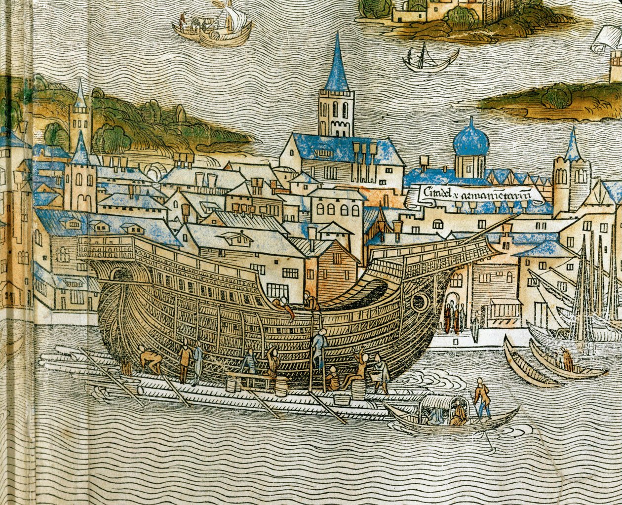 在威尼斯船厂建造一艘加仑船，选自《Peregrinatio in Terram Sanctam》，1486 年首次以拉丁文印刷......（木刻）。 作者 雅各布·德·巴巴里