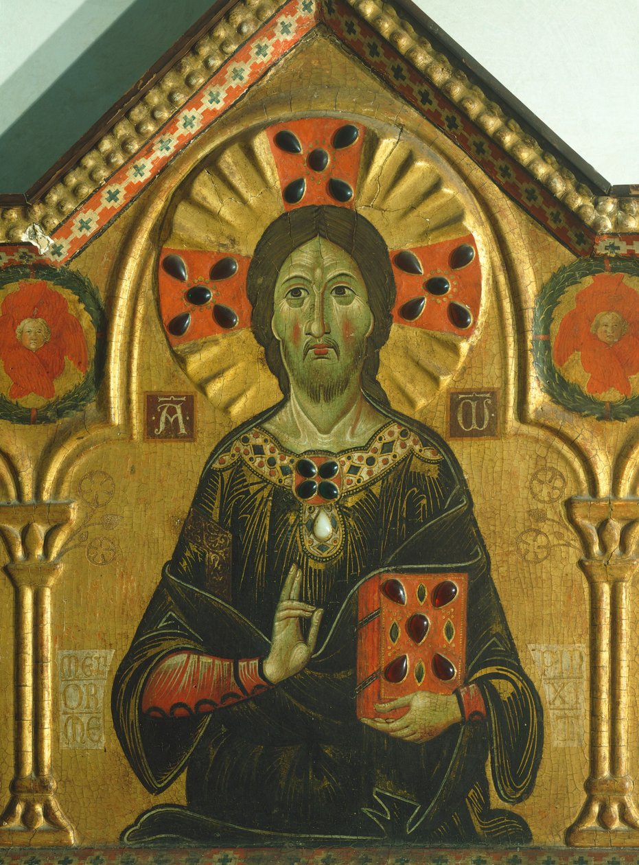 救世主，细节来自救世主与圣母和三个圣徒，由Meliore Toscano或Meliore di Jacopo（约1255-1285）创作，蛋彩和金在面板上，85x210厘米 作者 Jacopo di Meliore