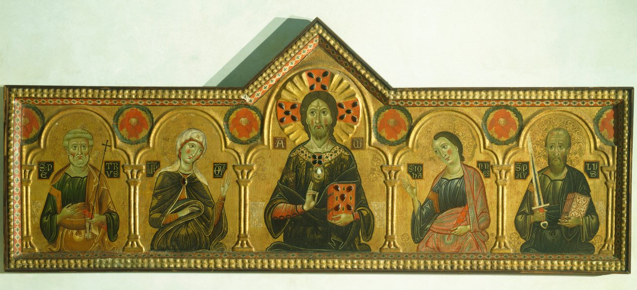 救世主与圣母和三位圣徒》，由Meliore Toscano或Meliore di Jacopo（约1255-1285）创作，蛋彩和黄金在面板上，85x210厘米，详细介绍 作者 Jacopo di Meliore