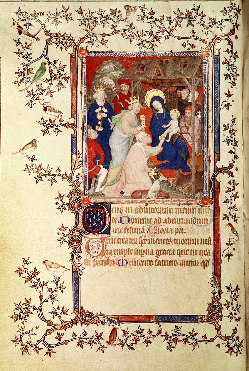 Lat 18014 f.42v The Magi的崇拜，来自Duc de Berry的小时，c.1385-90 作者 雅克·德·赫斯丁