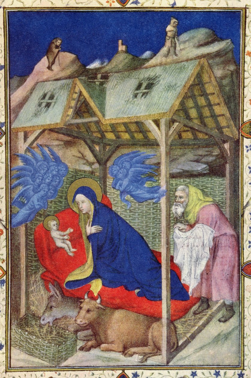 MS 11060-11061巴黎圣母院时间：Prime，基督的诞生，来自Tres Riches Heures du Duc de Berry，15世纪初的牛皮纸细节67618 作者 雅克·德·赫斯丁