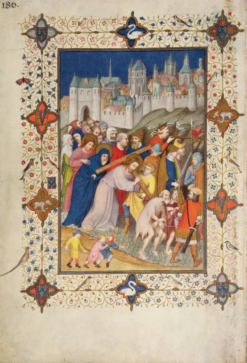 MS 11060-11061十字架的小时：Sexte，基督背着十字架，来自&39;Tres Riches Heures du Duc de Berry&39; 作者 雅克·德·赫斯丁