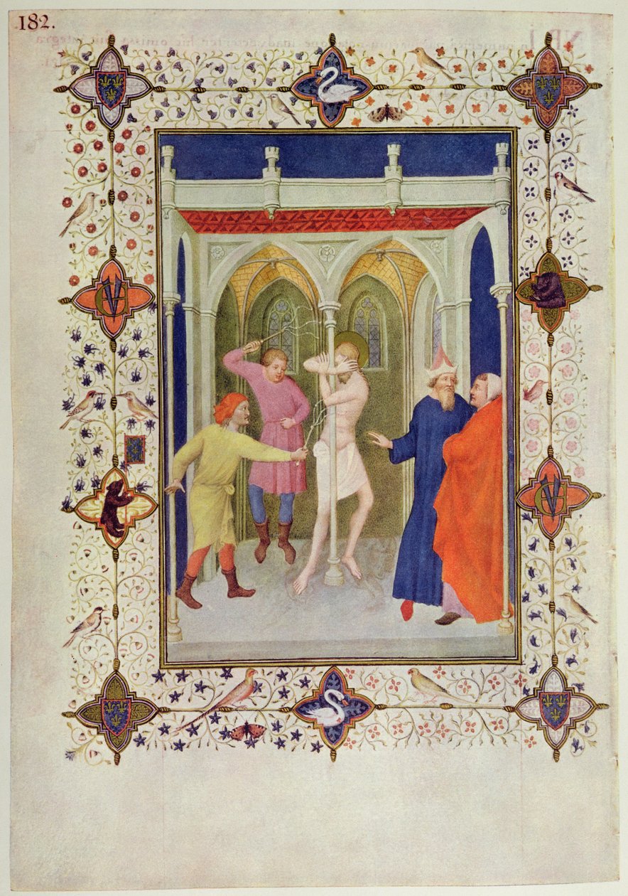 MS 11060-11061十字架的时间：来自&39;Tres Riches Heures du Duc de Berry&39;的Tierce，基督的鞭挞 作者 雅克·德·赫斯丁
