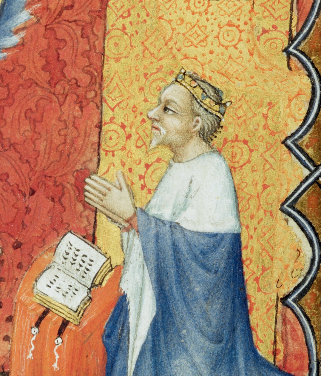 Lat 18014 Jean de France 1340-1416 Berry Duke of Berry在永恒的父亲面前祈祷，来自Les Petites Heures de Duc de Berry，c.1385-90 vellum detail of 159990 作者 雅克·德·赫斯丁