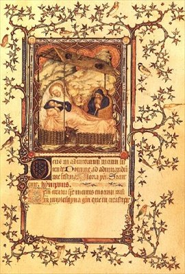 Lat 18014页38《耶稣诞生》，选自《贝里公爵小传》，约1385-90（牛皮纸）。 作者 雅克·德·赫斯丁