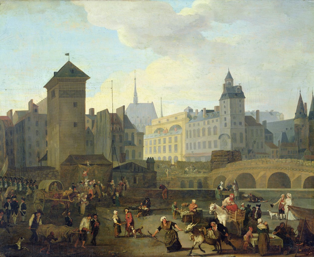 Quai de Gesvres，Palace and Notre Dame Pump，c.1791 作者 雅克·阿尔伯特·塞纳维（Jacques Albert Senave）