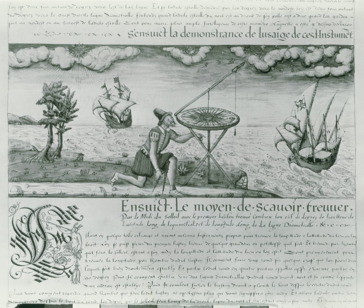 150年代女士，使用六分仪，来自“海军Jacques De Vaulx飞行员的第一部作品”，1583年（笔和墨水在纸上洗） 作者 雅克·德瓦克斯（Jacques Devaulx）