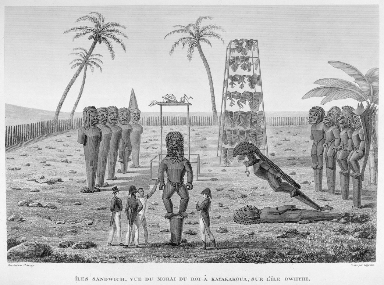 桑威奇群岛：国王的Morai，在Owhyhi岛上的Kayakakoua，1857年出版的Lejeune雕刻的“世界环绕的18世纪至18世纪的护卫舰”（engravi） 作者 雅克·艾蒂安·维克多·阿拉戈