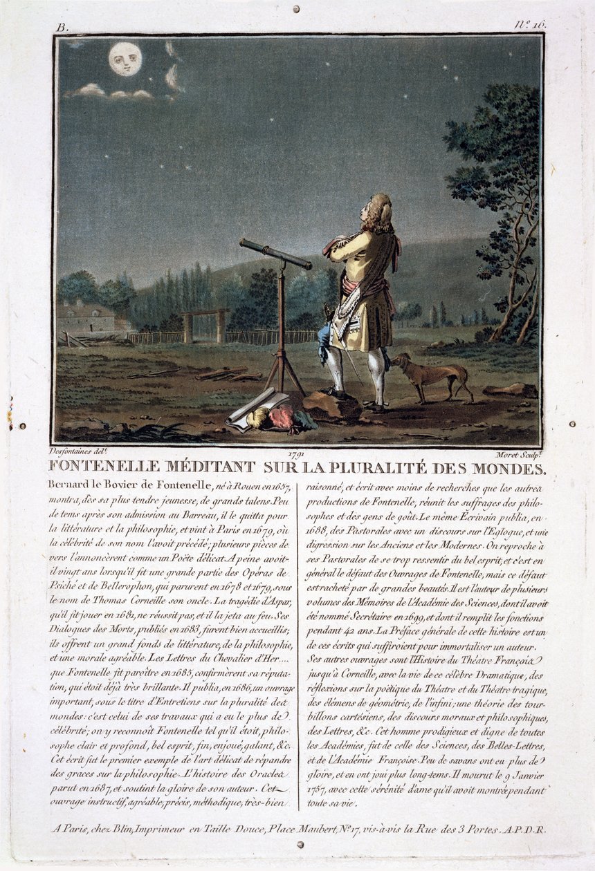 Bernard le Bovier de Fontenelle（1657-1757）正在考虑多个世界，由Jean Baptiste Morret（1790-1820）雕刻，1791年（另见251584） 作者 雅克·弗朗索瓦·约瑟夫·斯韦巴赫