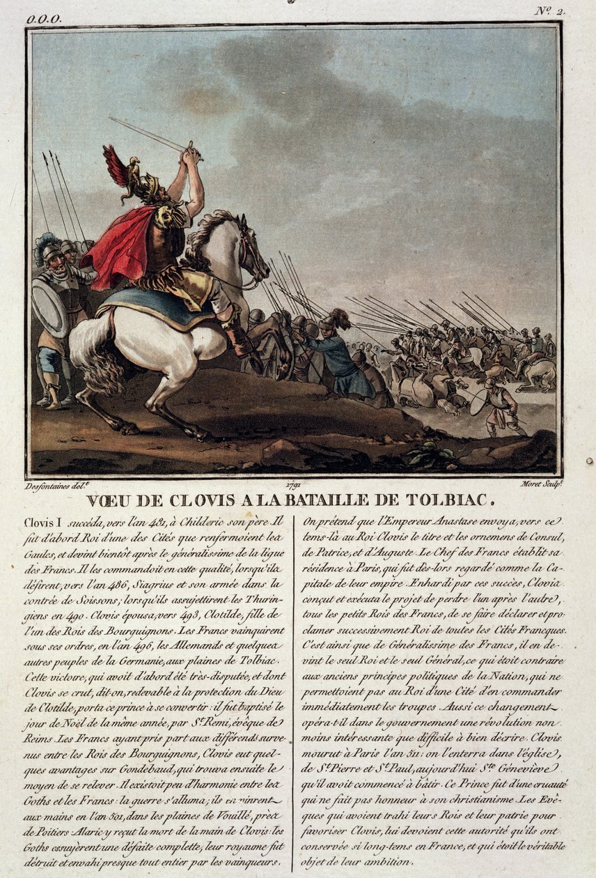 克洛维斯一世（c.466-511）在托利比亚战役，公元496年，由Jean Baptiste Morret（1790-1820）雕刻，1791年 作者 雅克·弗朗索瓦·约瑟夫·斯韦巴赫