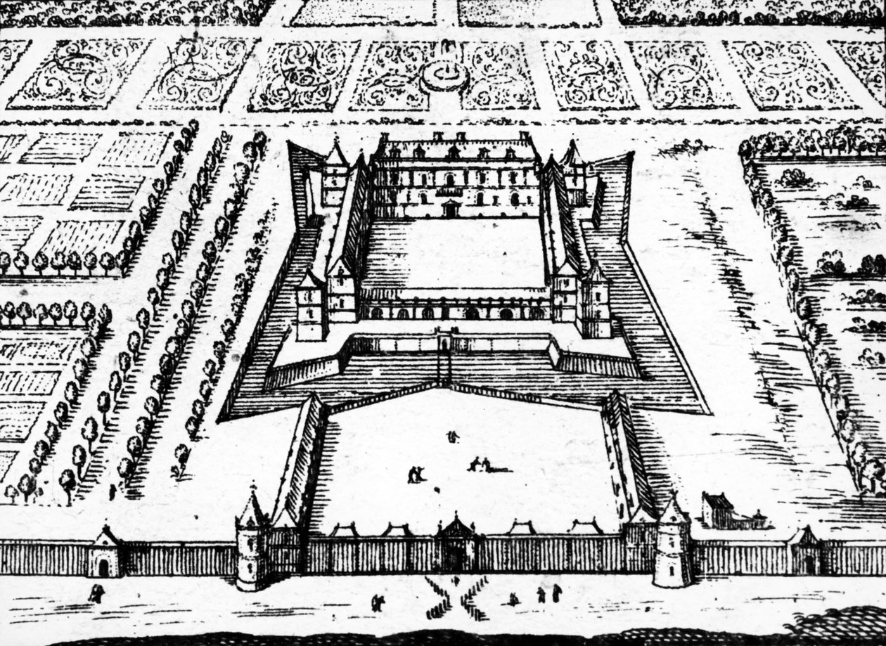凡尔赛皇家狩猎小屋的视图，因为它是在1620年代末期和1630年代，为国王路易十三建造，1652年 作者 雅克·冈伯斯特