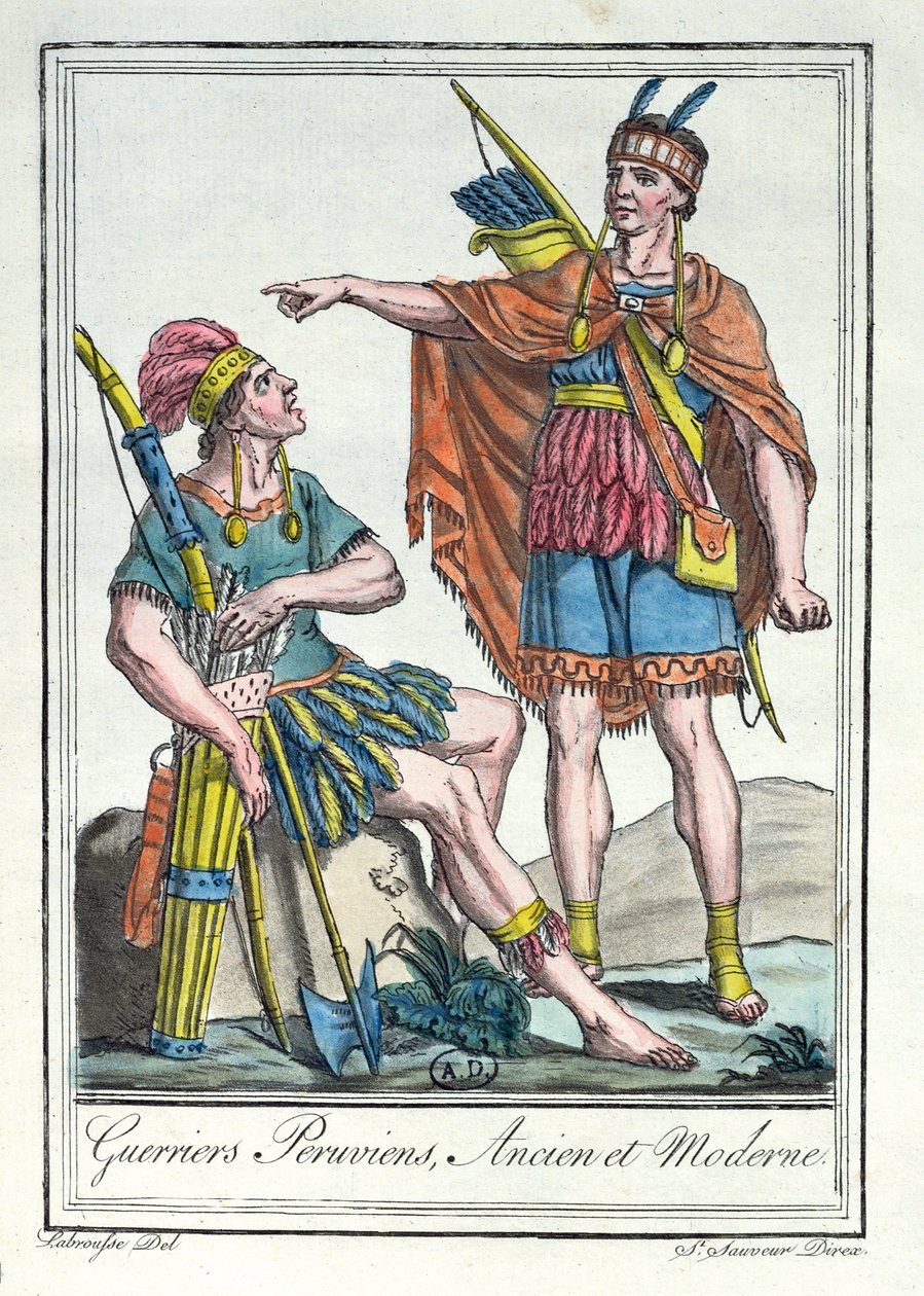 古代和现代的秘鲁勇士，来自&39;Encyclopedie des Voyages&39;的插图，由Labrousse雕刻，1796年 作者 雅克·格拉塞德·圣索维尔