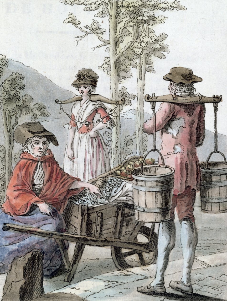 英国农民卖水果和携带牛奶，插图来自&39;Encyclopedie des Voyages&39;，由Labrousse雕刻，1796年 作者 雅克·格拉塞德·圣索维尔
