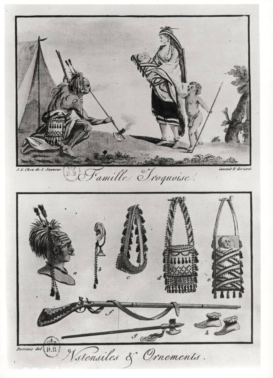 Iloquois家族，武器和饰品，来自&39;Tableaux cosmographiques de l&39;Amerique&39;，由Claude Louis Desrais（1746-1816）雕刻，1787年 作者 雅克·格拉塞德·圣索维尔