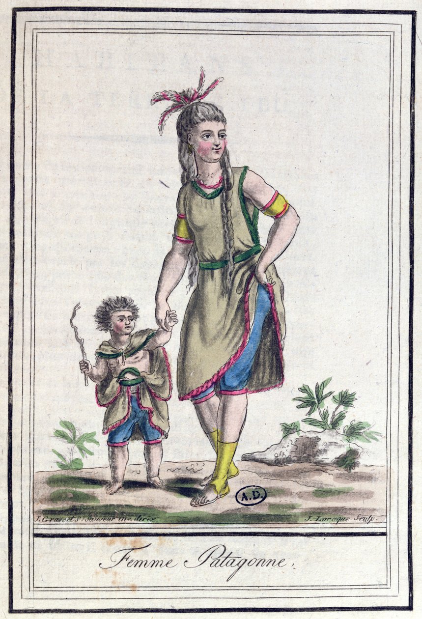 巴塔哥尼亚女人，来自&39;Encylopedie des Voyages&39;，由J. Laroque雕刻，于1796年出版 作者 雅克·格拉塞德·圣索维尔