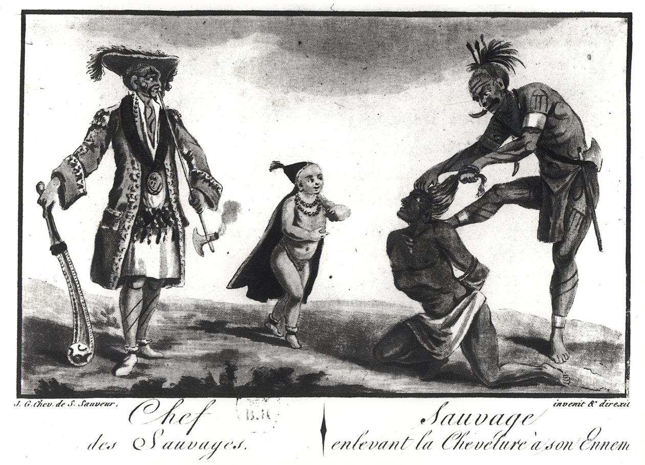 从&39;Tableau Cosmographique de l&39;Amerique&39;，1787年开始，作为一个欧洲人，一个孩子和一个野蛮人的野蛮人的头颅剥夺他的敌人 作者 雅克·格拉塞德·圣索维尔