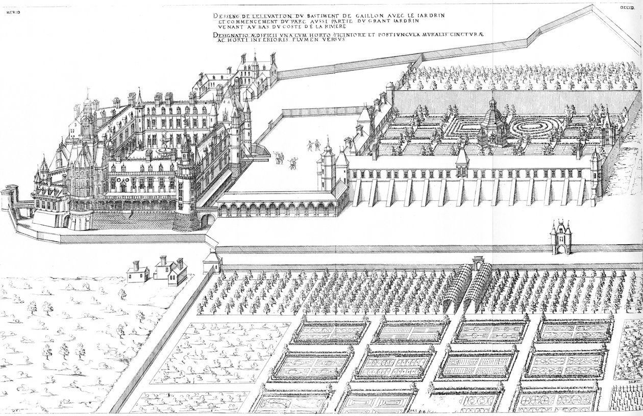 雕刻由Jacques I Androuet du Cerceau创作的第一批最优秀的法国建筑。 ChâteaudeGaillon的侧面鸟瞰图 作者 雅克一世·安德鲁·迪·塞索