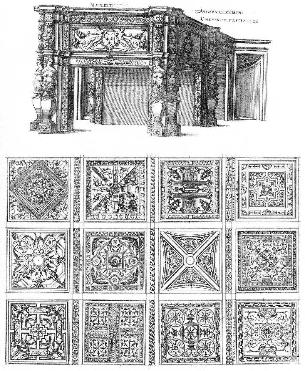 雕刻由Jacques I Androuet du Cerceau设计的第一批最优秀的法国建筑，马德里城堡的壁炉和地板设计 作者 雅克一世·安德鲁·迪·塞索