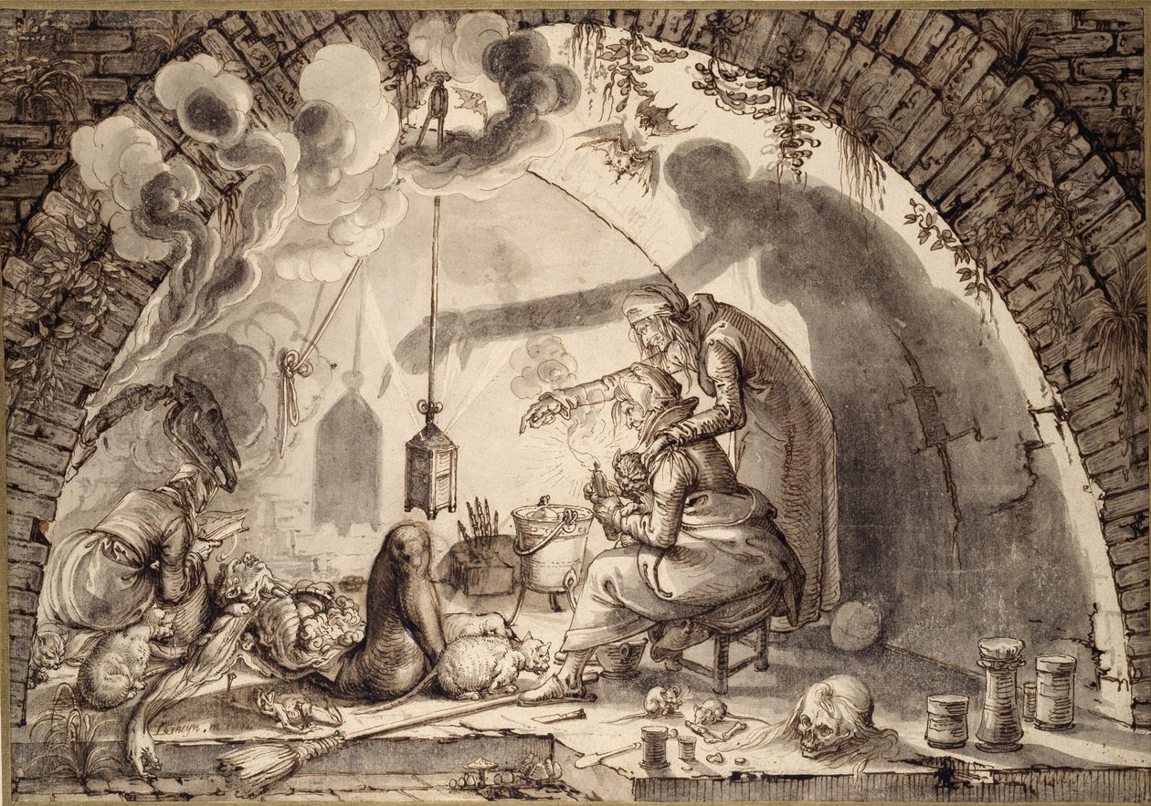 一个女巫的厨房，c.1600（笔和墨水在纸上洗） 作者 雅克二世·盖恩