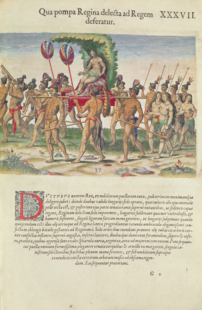 一位新娘从&39;Brevis Narratio ...&39;被带到酋长，由Theodore de Bry（1528-98）刻在法兰克福，1591年 作者 雅克·勒·摩恩（Jacques Le Moyne）