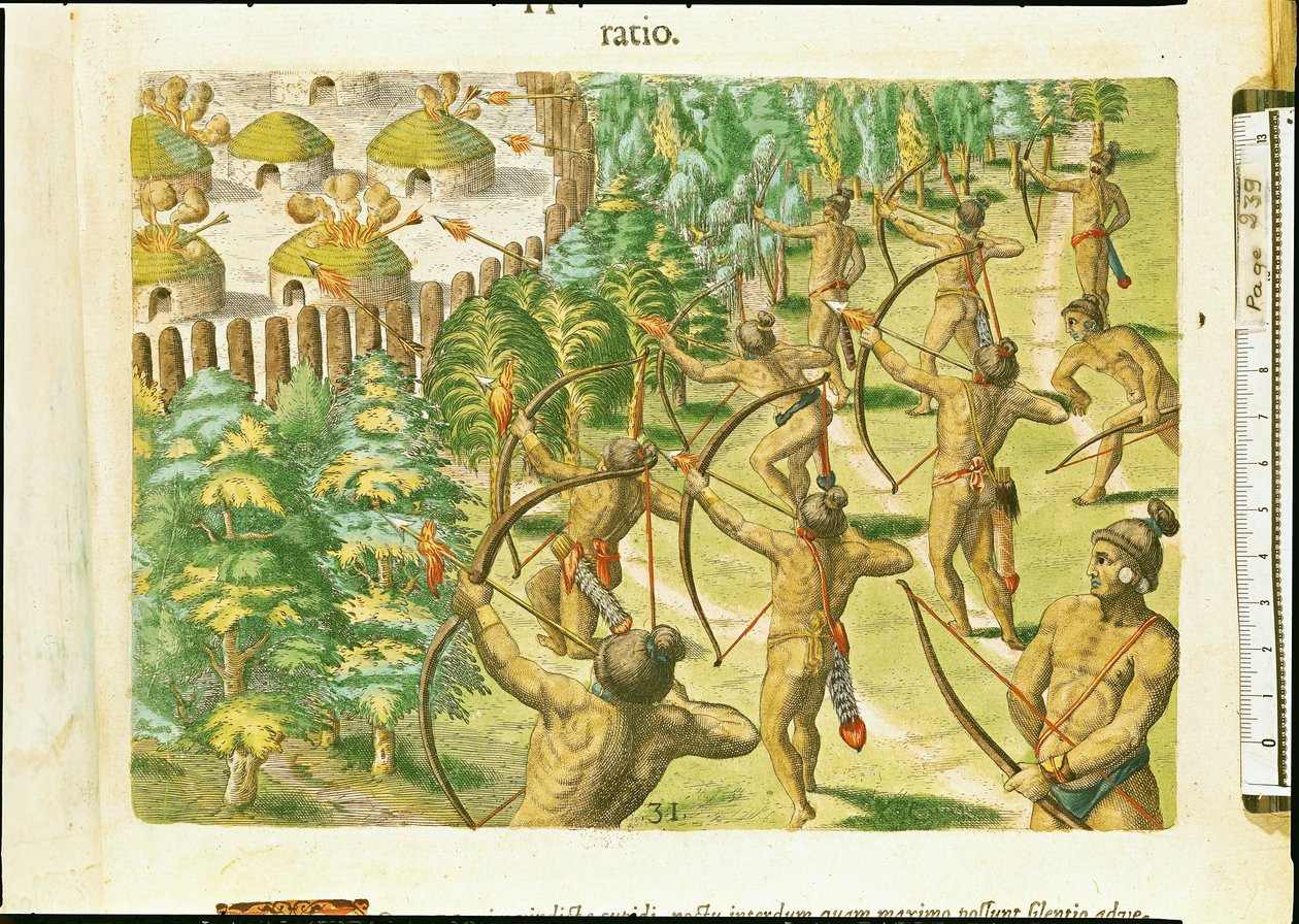 从&39;Brevis Narratio ......&39;攻击印第安村庄的火焰箭，由Theodore de Bry雕刻（1528-98）1591 作者 雅克·勒·摩恩（Jacques Le Moyne）