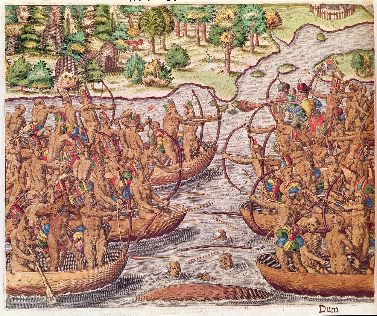 印第安部落之间的争斗，来自&39;Brevis Narratio ..&39;，由Theodore de Bry（1528-98）1564刻 作者 雅克·勒·摩恩（Jacques Le Moyne）