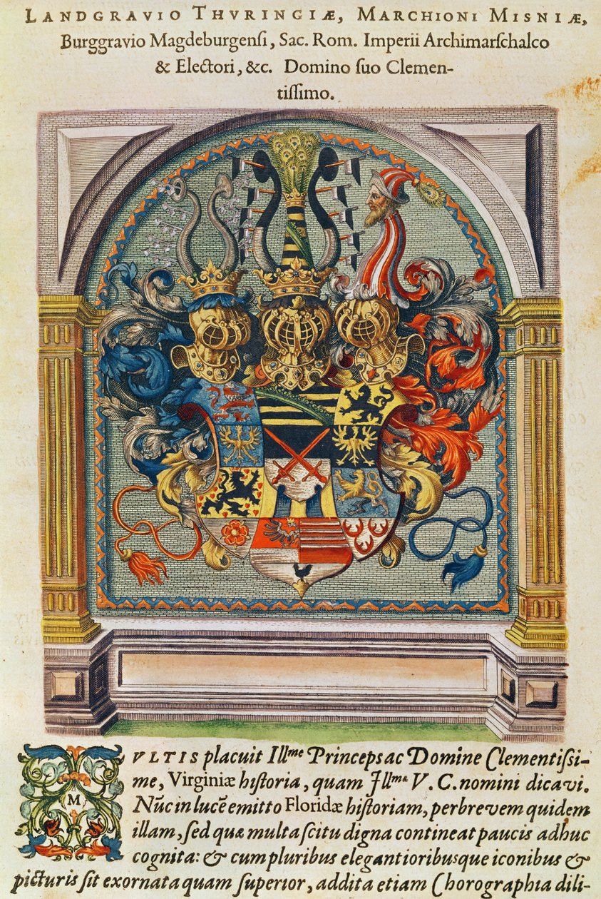 来自&39;Brevis Narratio ..&39;的徽章，由Theodore de Bry（1528-98）刻在法兰克福，1591年 作者 雅克·勒·摩恩（Jacques Le Moyne）