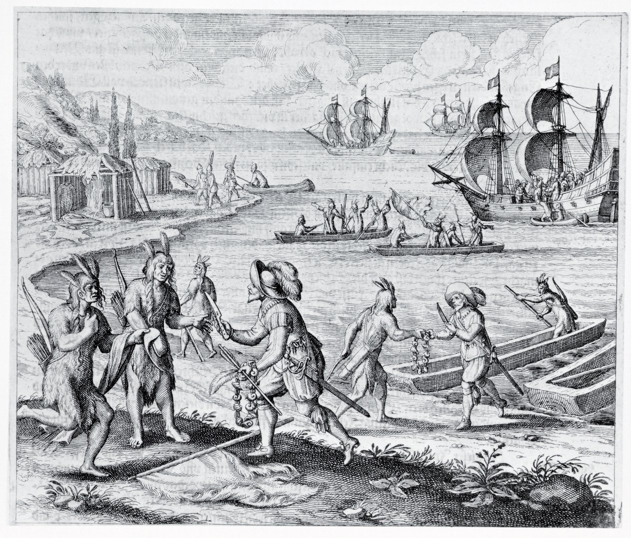 英国与西印度群岛的印第安人交易，来自&39;Americae&39;，由Theodor de Bry（1525-75）编写和雕刻，1628年 作者 雅克·勒·摩恩（Jacques Le Moyne）