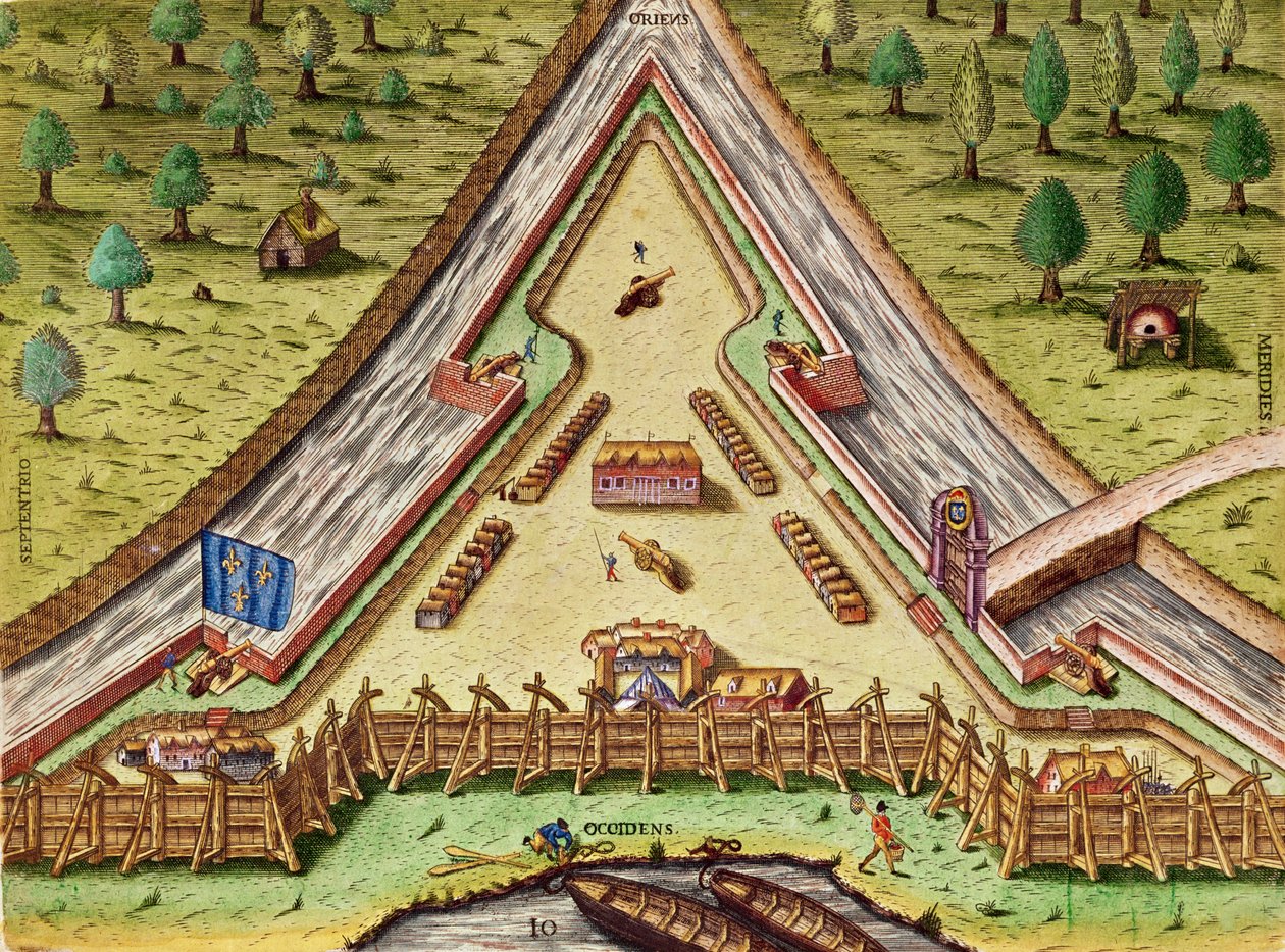 Fort Caroline，来自&39;Brevis Narratio ..&39;，由Theodore de Bry（1528-98）雕刻，于1591年在法兰克福出版 作者 雅克·勒·摩恩（Jacques Le Moyne）