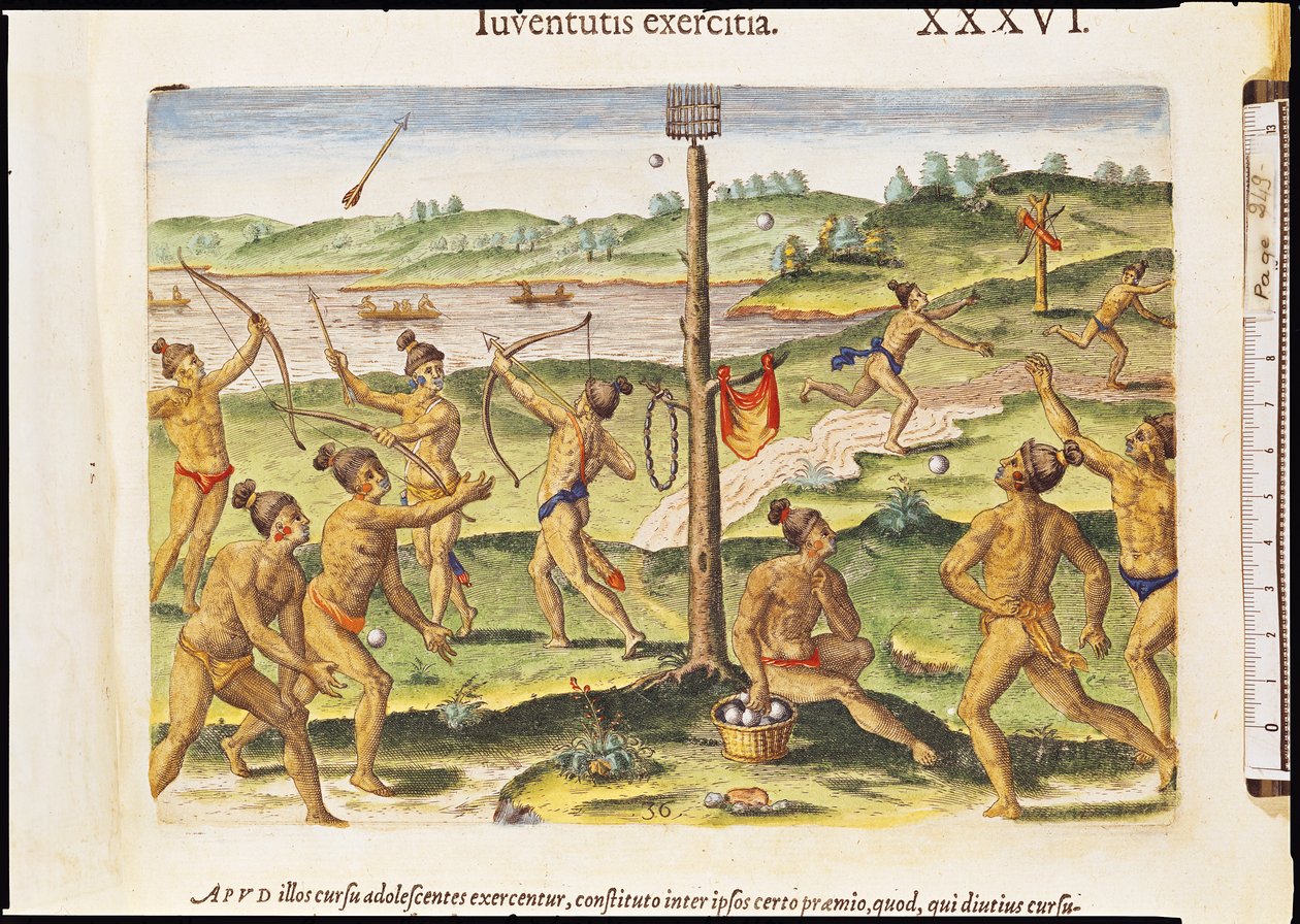 来自&39;Brevis Narratio ......&39;的印第安人战争训练，由Theodore de Bry（1528-98）1591刻 作者 雅克·勒·摩恩（Jacques Le Moyne）