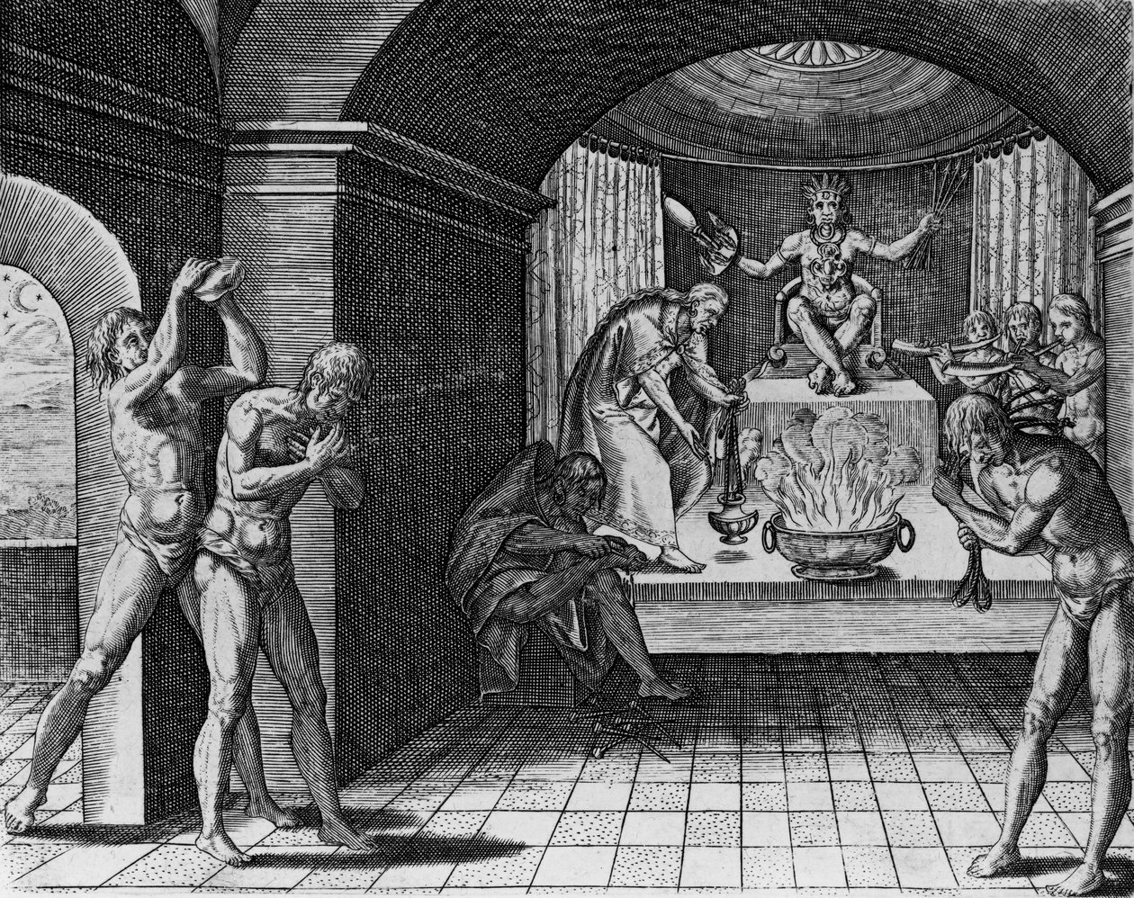 墨西哥印第安人的忏悔宗教服务，来自&39;Americae&39;，1602，由Theodor de Bry（1528-98）编写和雕刻 作者 雅克·勒·摩恩（Jacques Le Moyne）