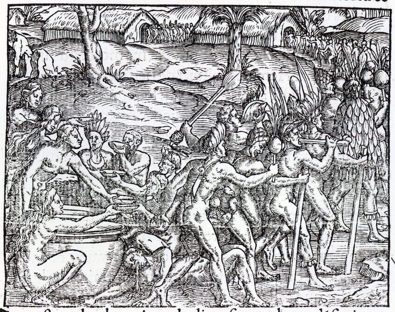由Theodor de Bry（1525-75）雕刻的当地人饮酒和吸烟游行 作者 雅克·勒·摩恩（Jacques Le Moyne）