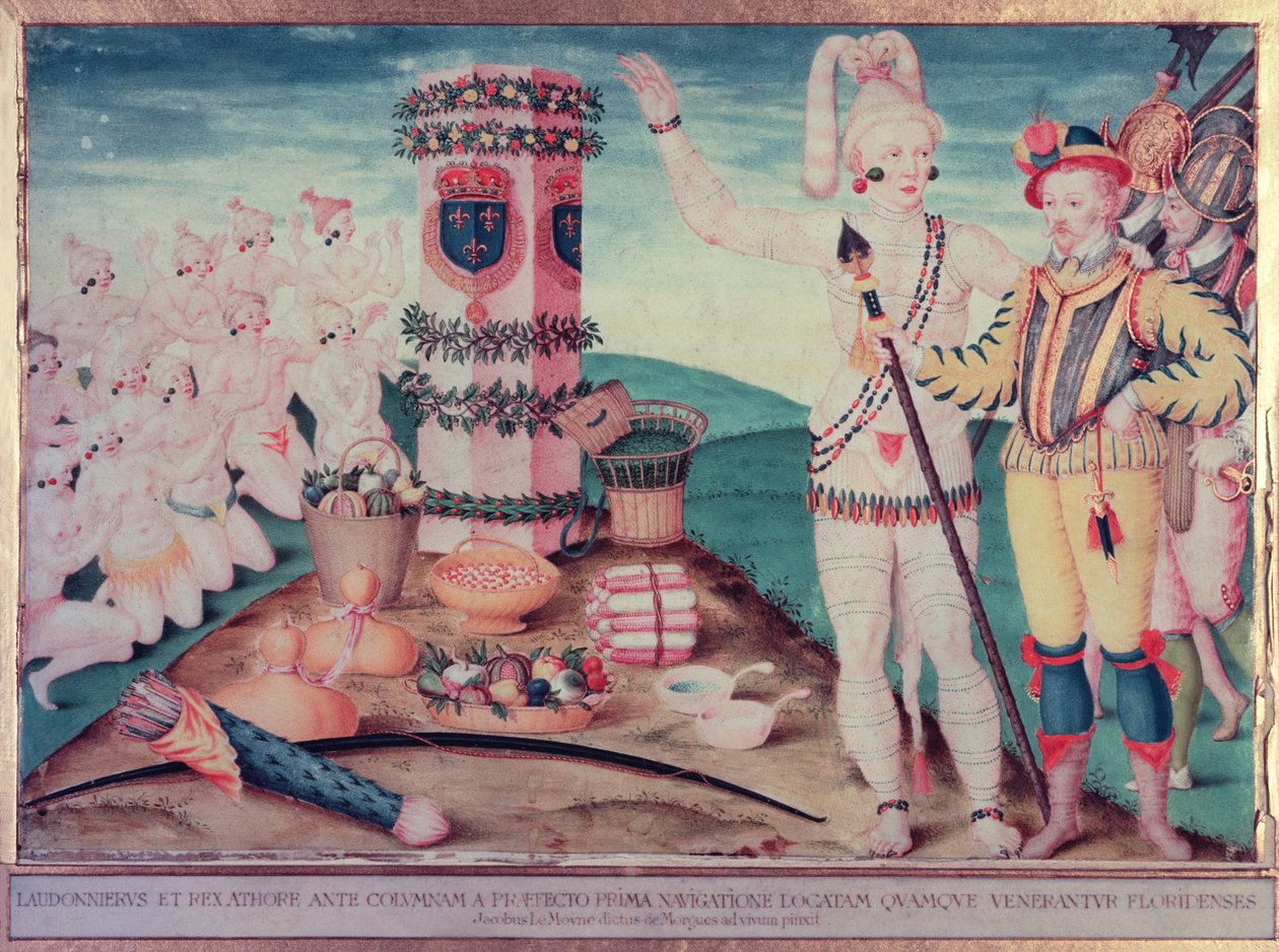 Rene Goulaine de Laudonniere（c.1529-82）和首席阿多尔在Ribault&39;s Column前面，c.1570 作者 雅克·勒·摩恩（Jacques Le Moyne）