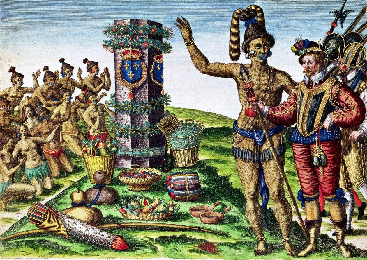 Rene Goulaine de Laudonniere（c.1529-82）和主席阿多尔在Ribault&39;s Column前面，来自&39;Brevis Narratio ......&39;，由Theodore de Bry（1528-98）刻制1563 作者 雅克·勒·摩恩（Jacques Le Moyne）