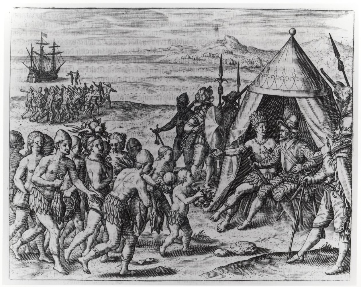 Walter Raleigh先生（1554-1618）试图与来自&39;Americae&39;的Guiana国王Arromaia建立友谊，由Theodor de Bry（1528-98）镌刻和写作 作者 雅克·勒·摩恩（Jacques Le Moyne）