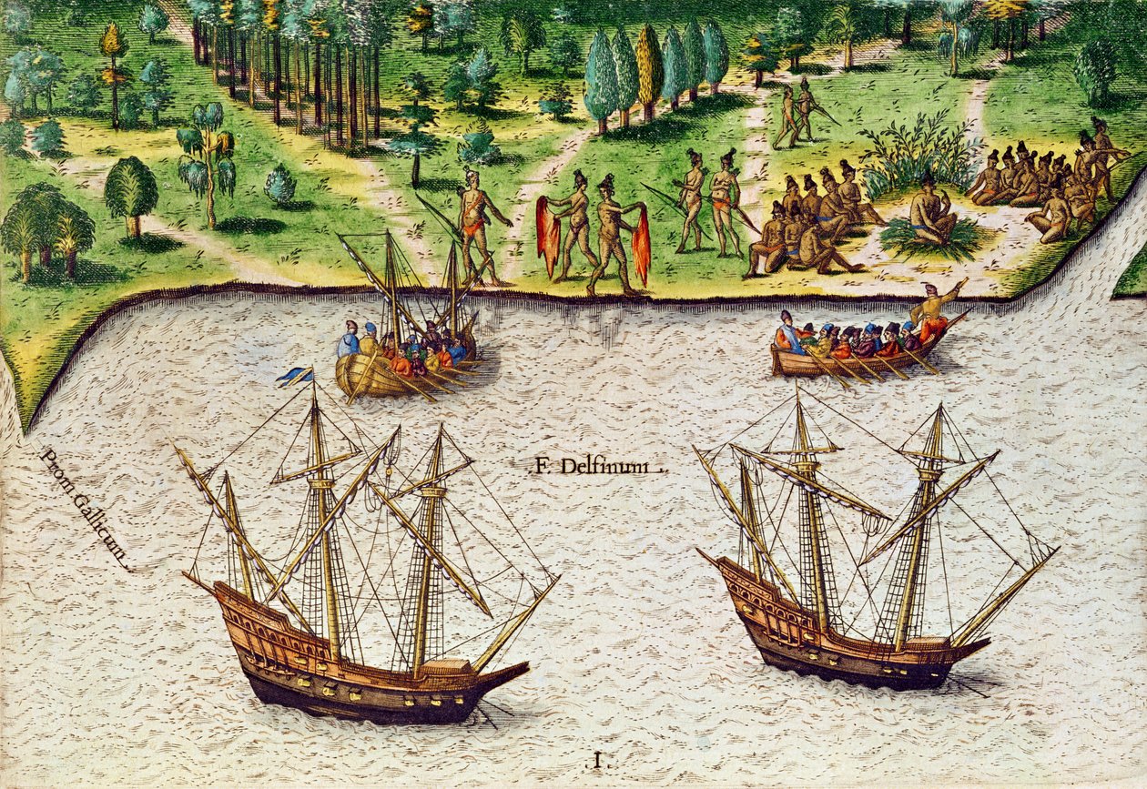 佛罗里达角（Gallicum）和来自&39;Brevis Narratio&39;的海豚河（Fleuve Delphinium），由Theodore de Bry（1528-98）1563刻。 作者 雅克·勒·摩恩（Jacques Le Moyne）