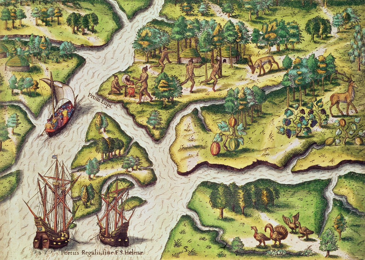 法国抵达皇家港，来自&39;Brevis Narratio ..&39;，由Theodore de Bry（1528-98）刻在法兰克福，1591年 作者 雅克·勒·摩恩（Jacques Le Moyne）