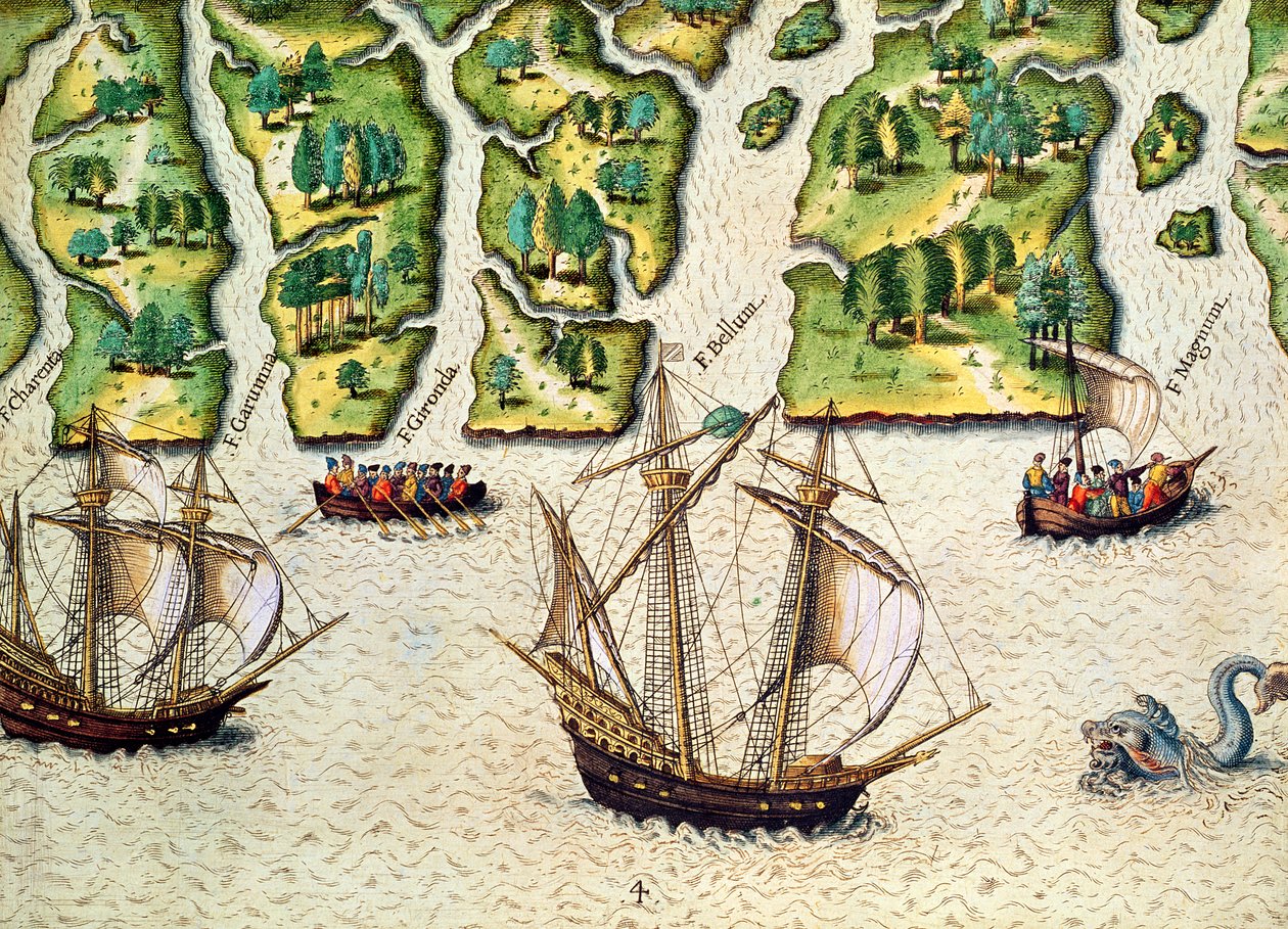 来自&39;Brevis Narratio ..&39;的法国发现六条河流，由Theodore de Bry（1528-98）刻在法兰克福，1591年 作者 雅克·勒·摩恩（Jacques Le Moyne）