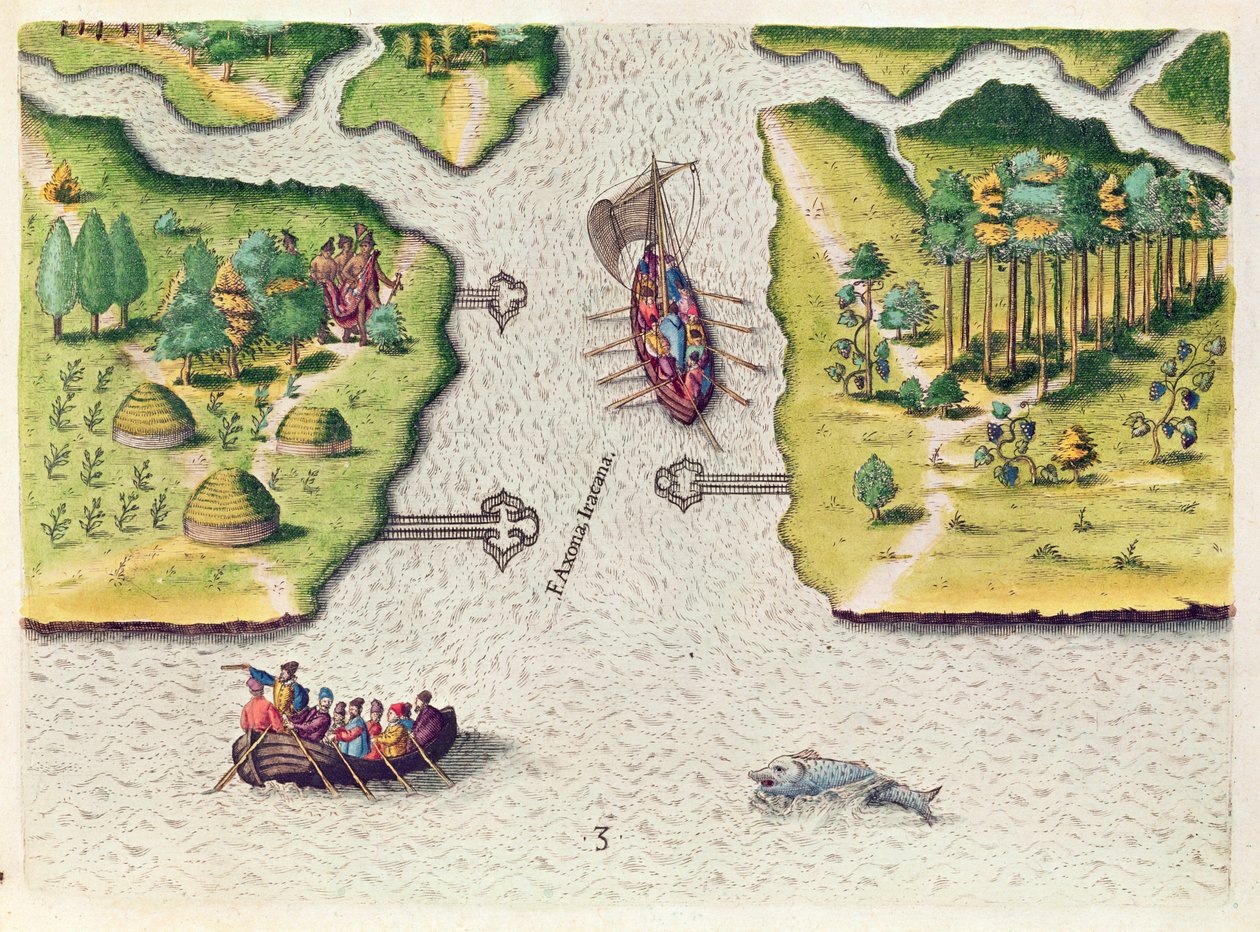 法国发现另外两条河流，来自&39;Brevis Narratio ..&39;，由Theodore de Bry（1528-98）刻在法兰克福，1591年 作者 雅克·勒·摩恩（Jacques Le Moyne）
