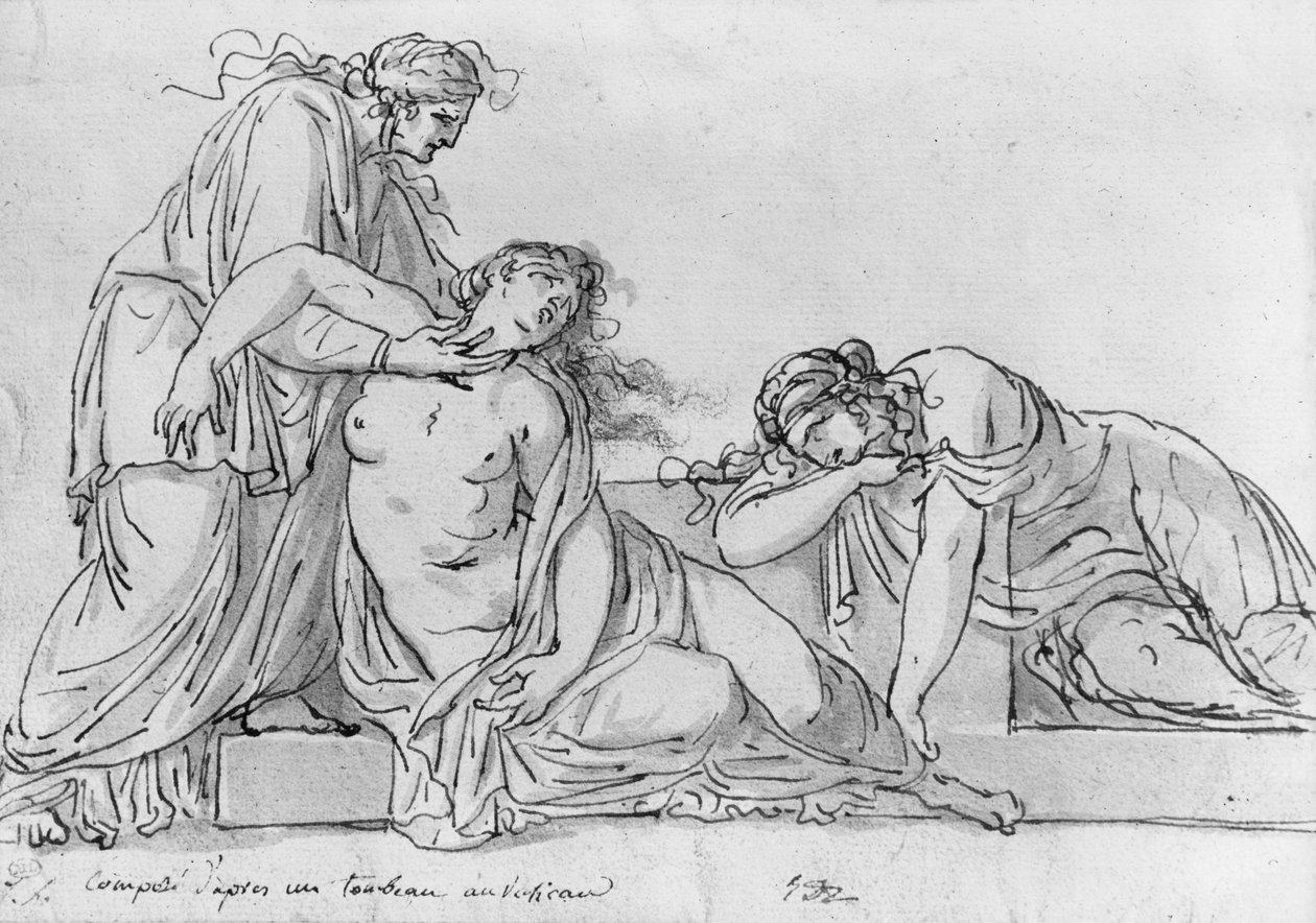 倾斜在两个晕倒妇女的老妇人，c.1776（笔和棕色墨水和灰色洗涤和皮埃尔在纸上） 作者 雅克·路易·大卫
