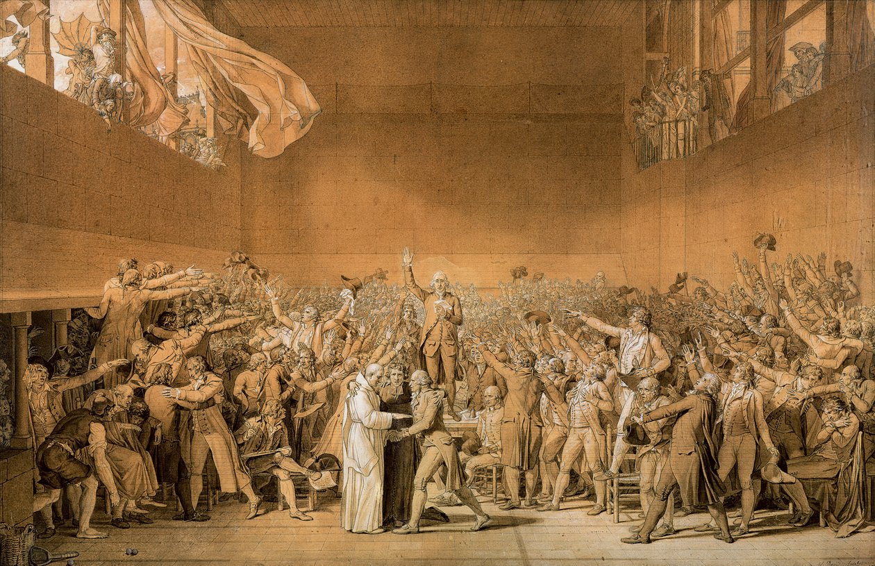 网球场誓言，1789年6月20日，1791年（用bistre洗笔，纸上有白色亮点）（另见14667） 作者 雅克·路易·大卫